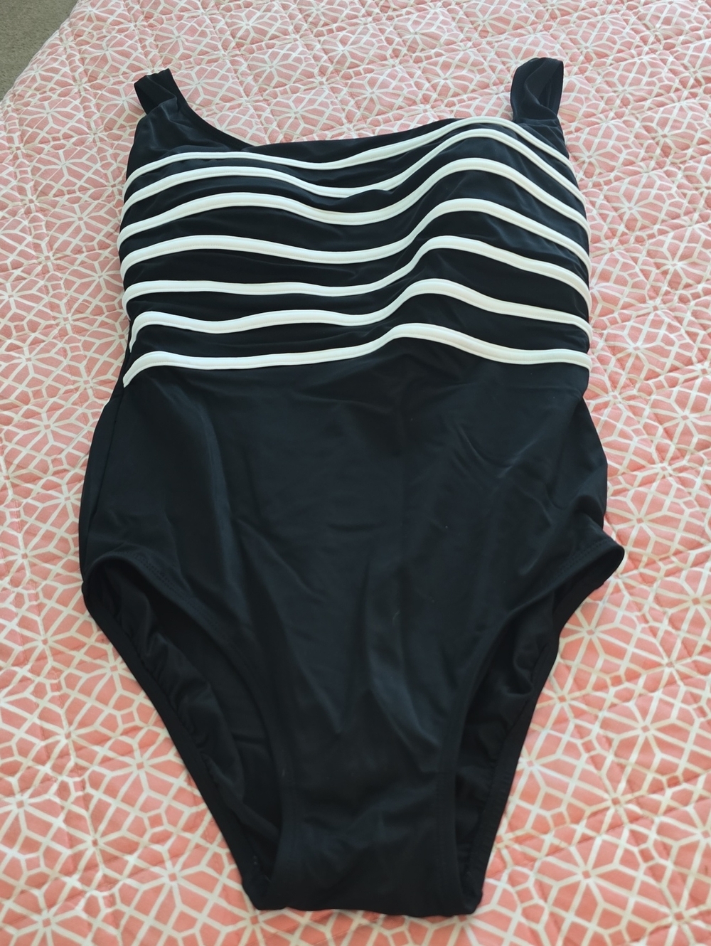 Amazon Women's Black One-Piece Swimsuit with White Wave Stripes